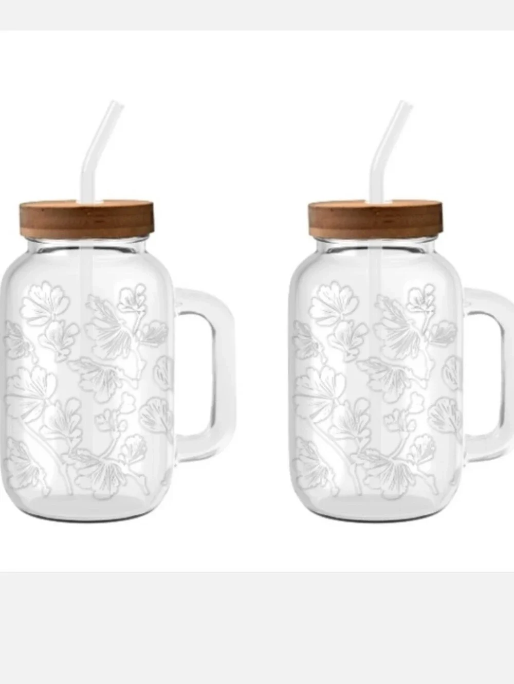 New 4 Pk  The Pioneer Woman Palmer Embossed Glass 32oz Tumbler with Wood Lid